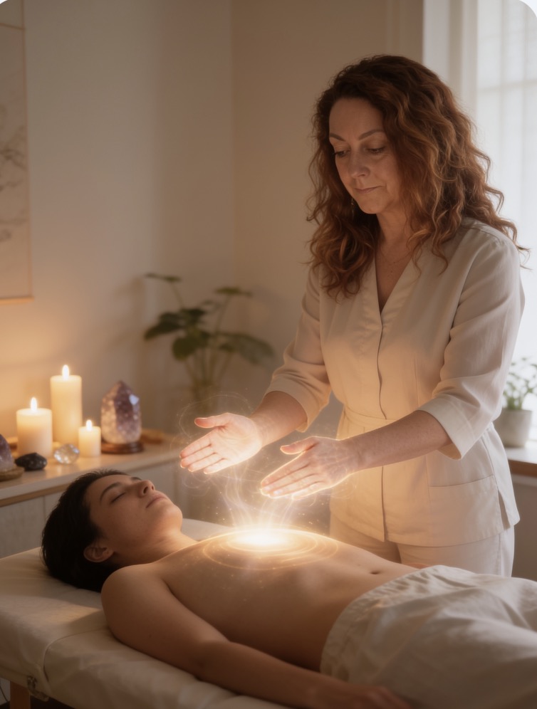 Praca z energią Reiki nad sercem klientki