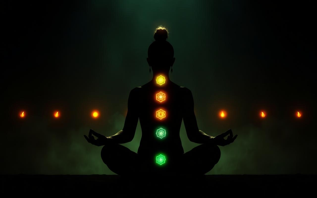 Siedem świecących czakr wzdłuż kręgosłupa — harmonizacja energii podczas sesji Reiki