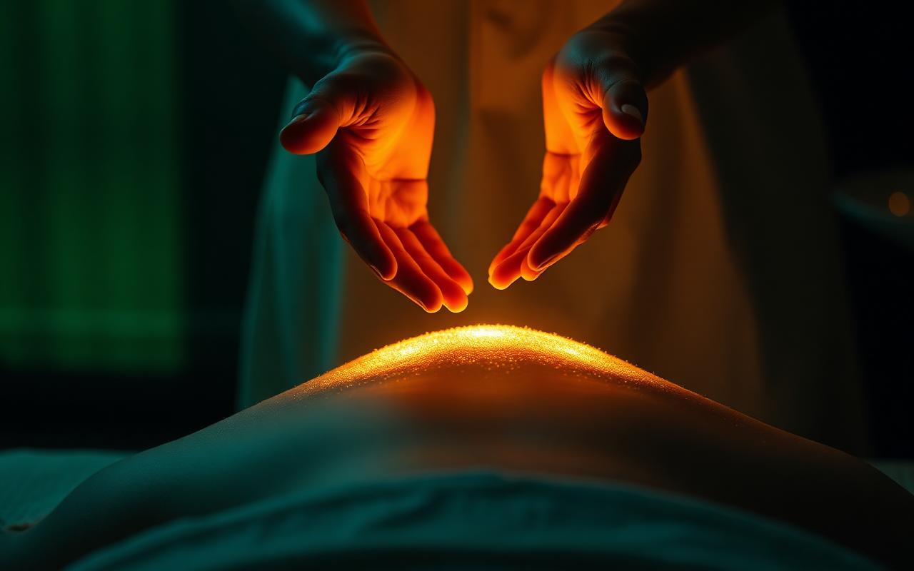 Dłonie terapeutki Reiki nad ciałem klientki podczas pełnej sesji w gabinecie Dragonfly