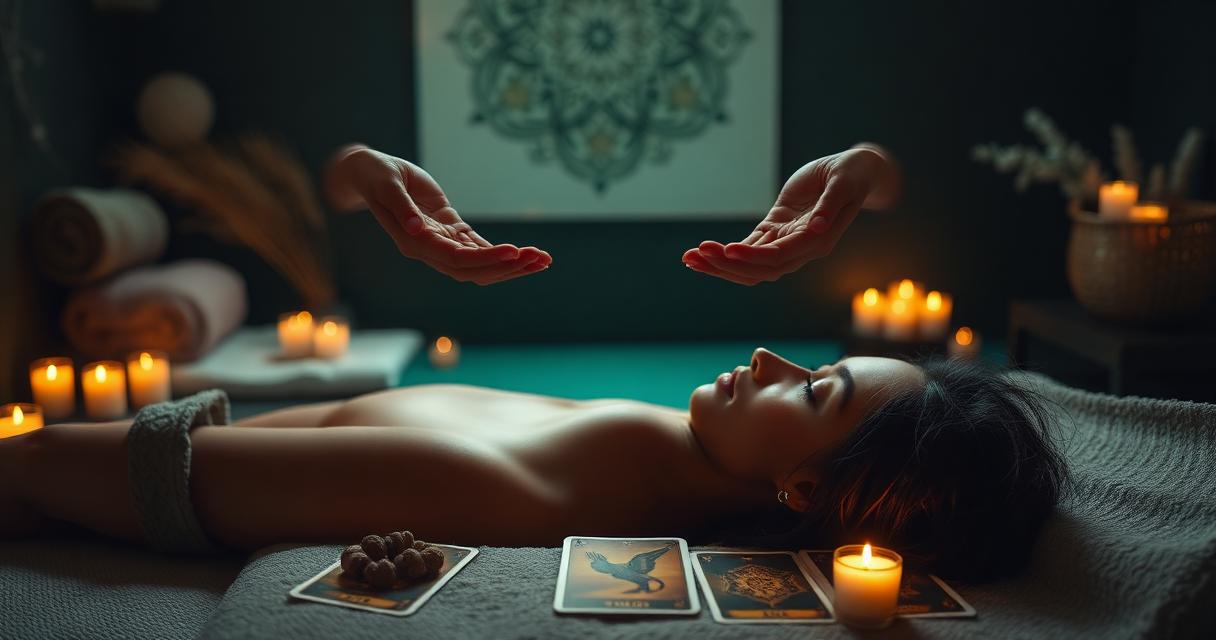Dłonie terapeutki nad osobą leżącą podczas sesji Reiki, obok rozłożone karty tarota — sesja łączona w Dragonfly